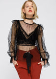 Polka Dot Mesh Ruffle Top In Black