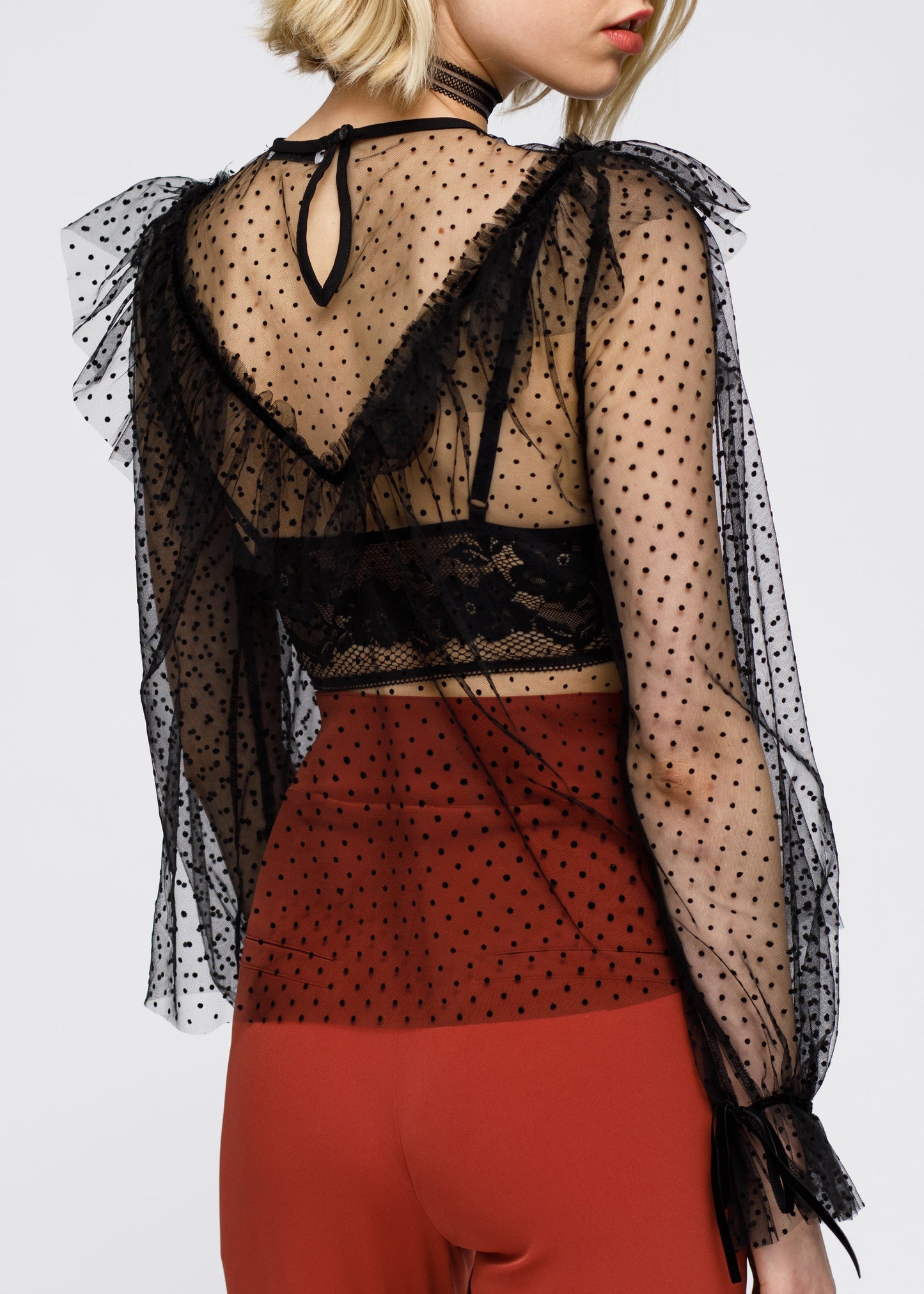 Polka Dot Mesh Ruffle Top In Black