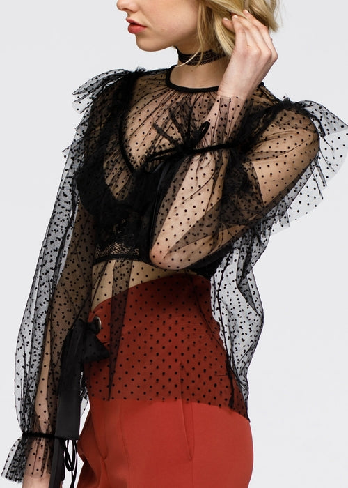 Polka Dot Mesh Ruffle Top In Black